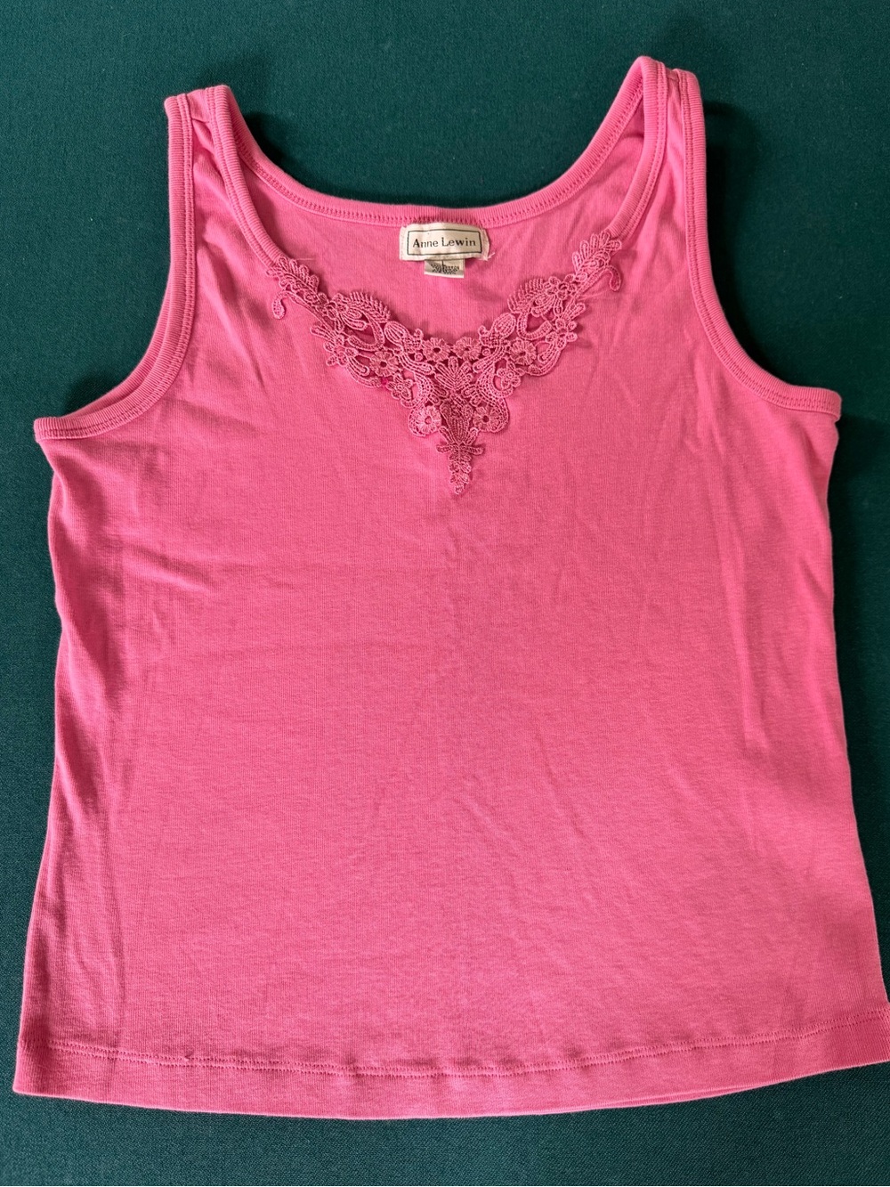 Vintage 90s Anne Lewin Pink Lace Trim Tank Top - Size Large EUC